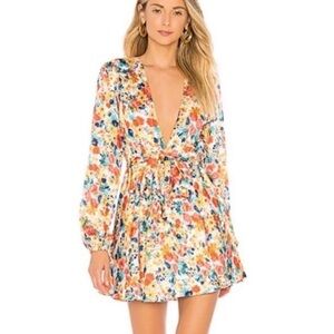 Lover's + Friends Womens Ivy Floral Deep V Mini Dress XS Multicolor Long Sleeve